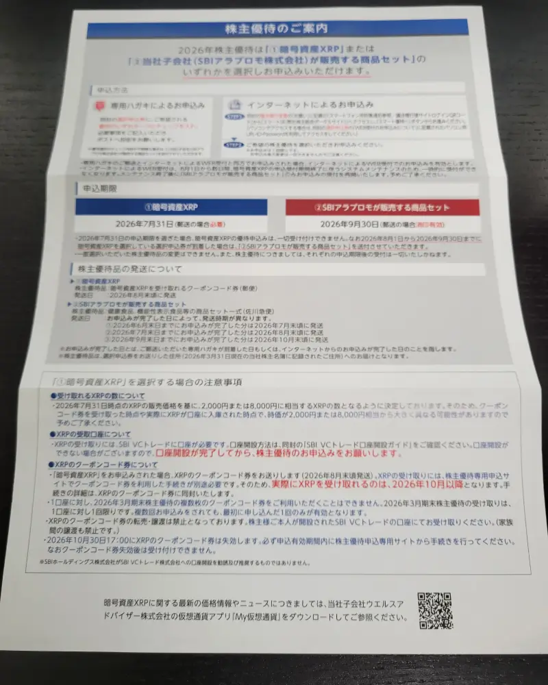 ＳＢＩホールディングス優待内容の紙2026年